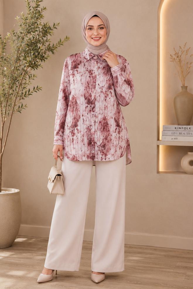Hijab clothing BEIGE PLUS SIZE PATTERNED SATIN TUNIC 20965 - ALVİNA