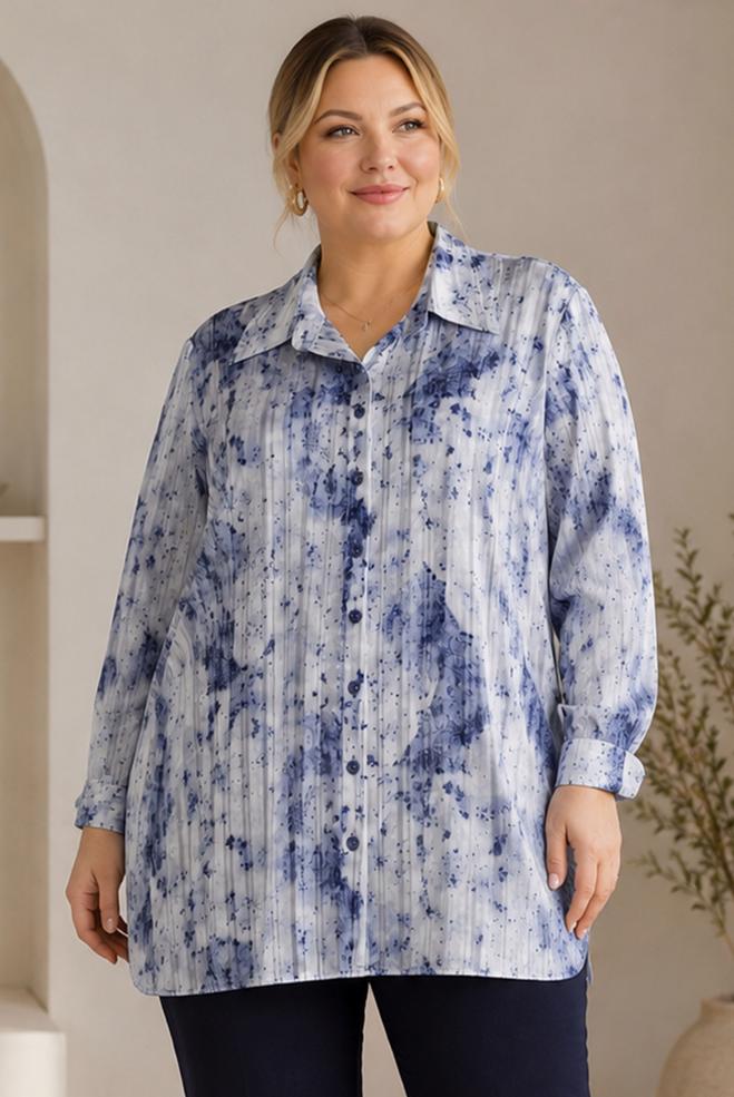 Hijab clothing NAVY BLUE PLUS SIZE PATTERNED SATIN TUNIC 20965 - ALVİNA