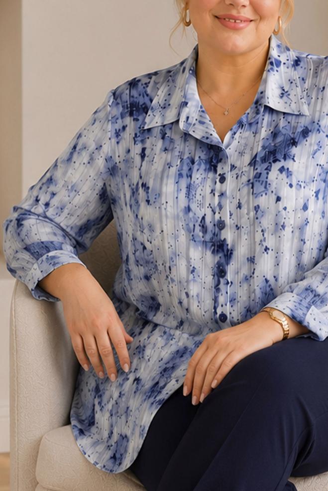 Hijab clothing NAVY BLUE PLUS SIZE PATTERNED SATIN TUNIC 20965 - ALVİNA