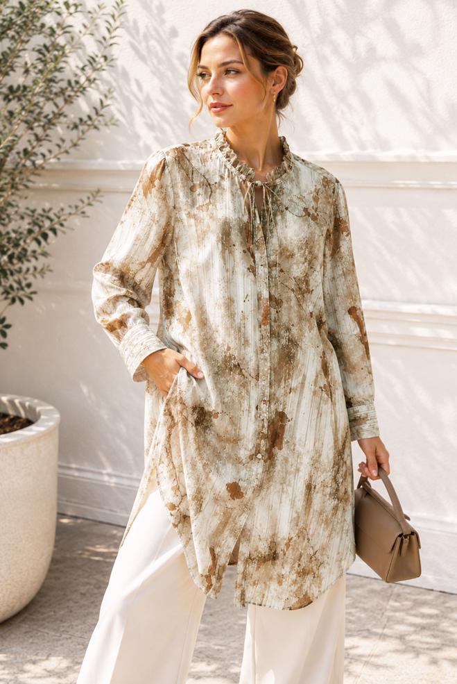Hijab clothing BROWN PATTERNED SATIN TUNIC 20967 - ALVİNA