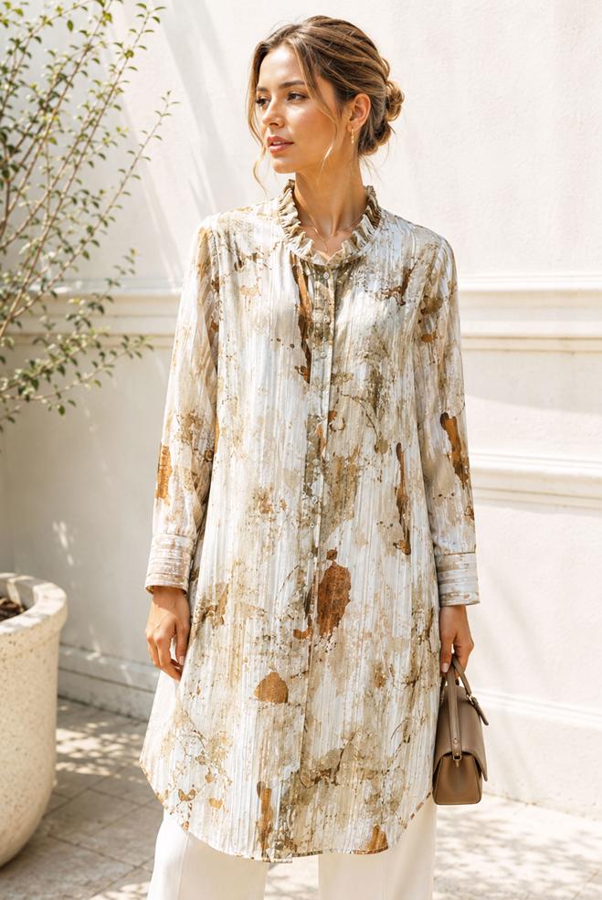Hijab clothing BROWN PATTERNED SATIN TUNIC 20967 - ALVİNA