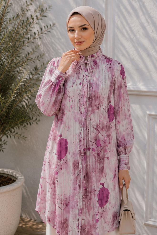 Hijab clothing PINK PATTERNED SATIN TUNIC 20967 - ALVİNA