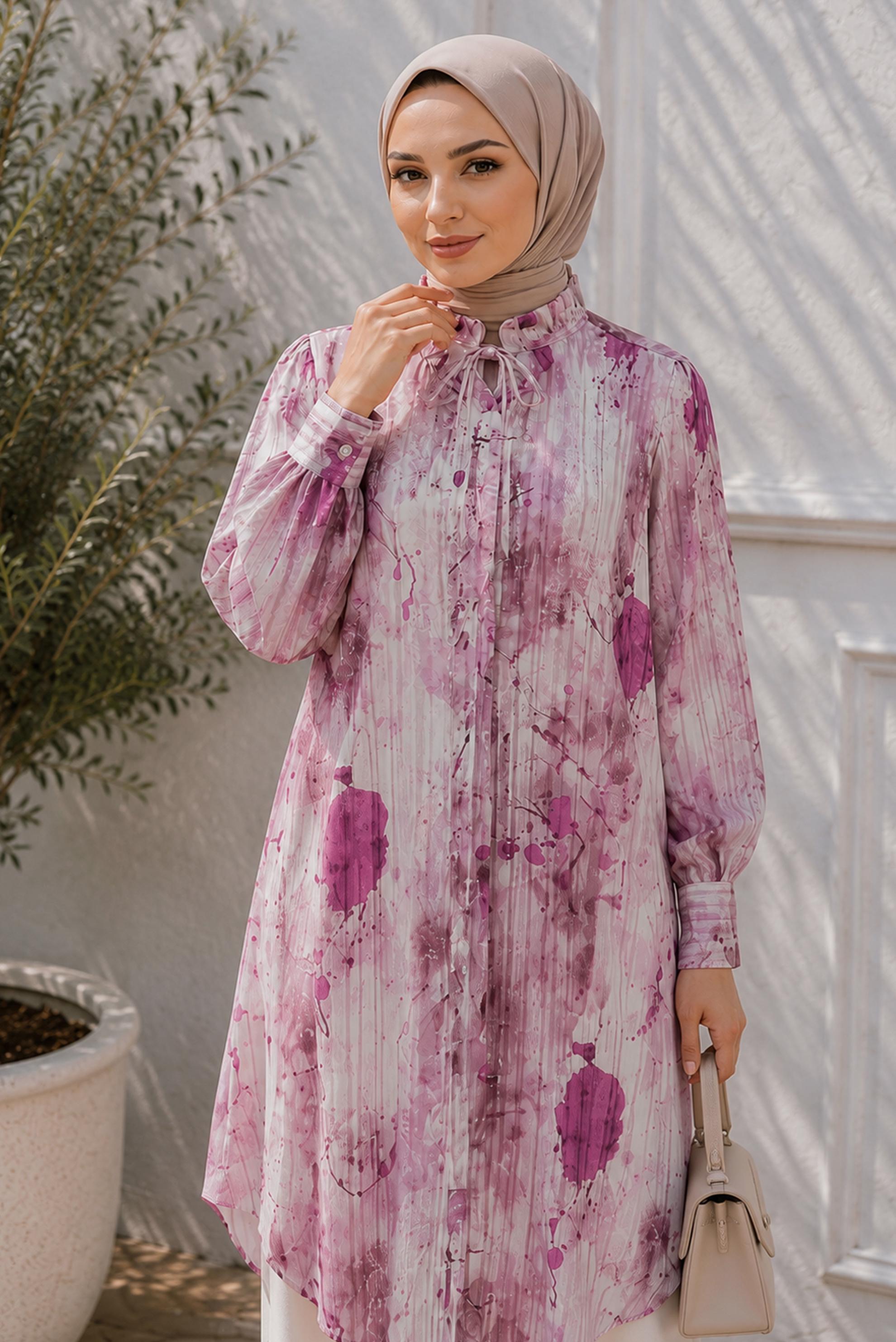 Hijab clothing PINK PATTERNED SATIN TUNIC 20967