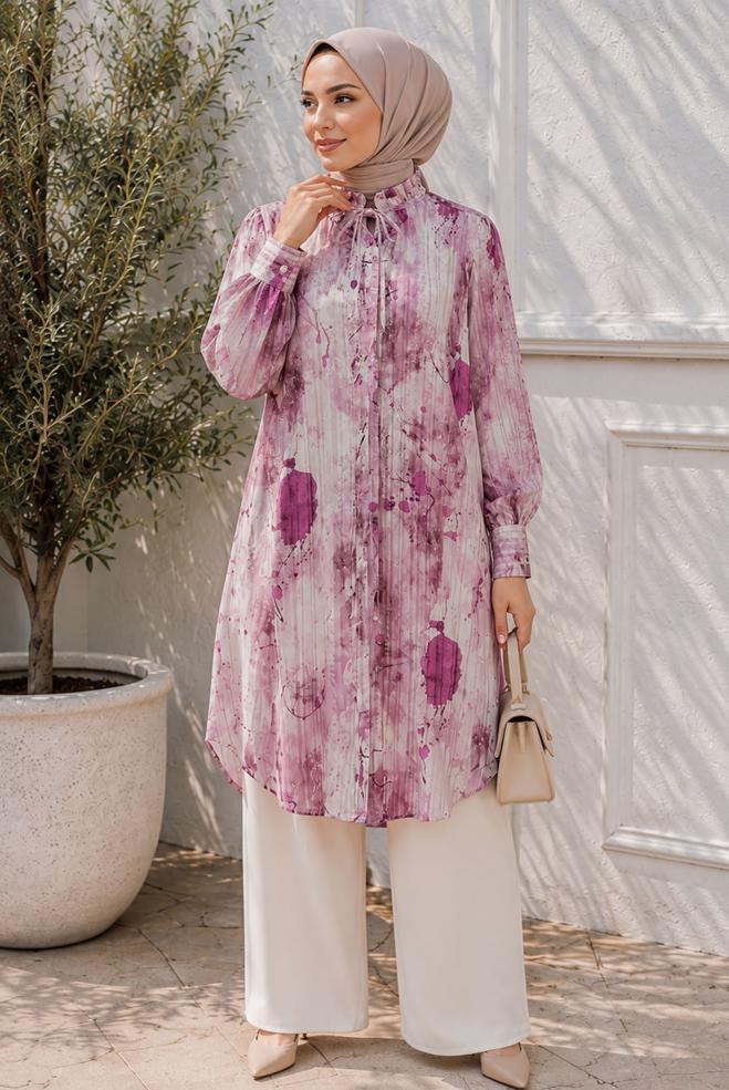 Hijab clothing PINK PATTERNED SATIN TUNIC 20967 - ALVİNA