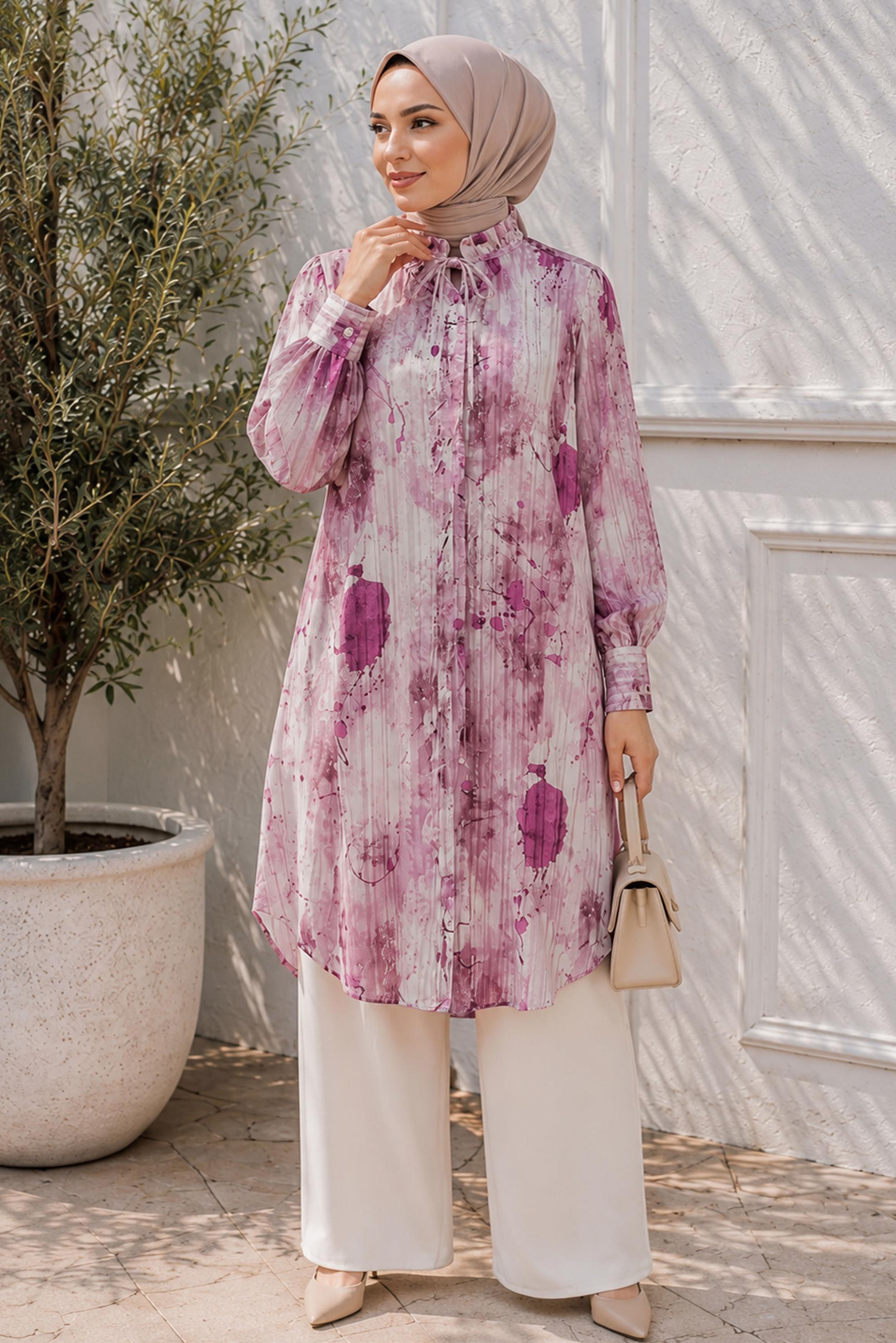 Hijab clothing PINK PATTERNED SATIN TUNIC 20967