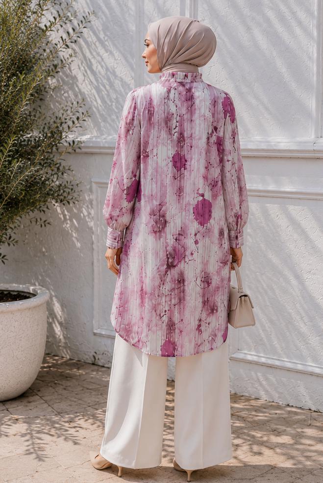 Hijab clothing PINK PATTERNED SATIN TUNIC 20967 - ALVİNA