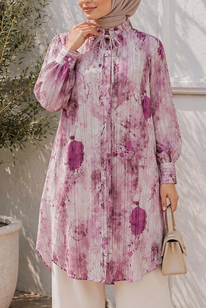 Hijab clothing PINK PATTERNED SATIN TUNIC 20967 - ALVİNA