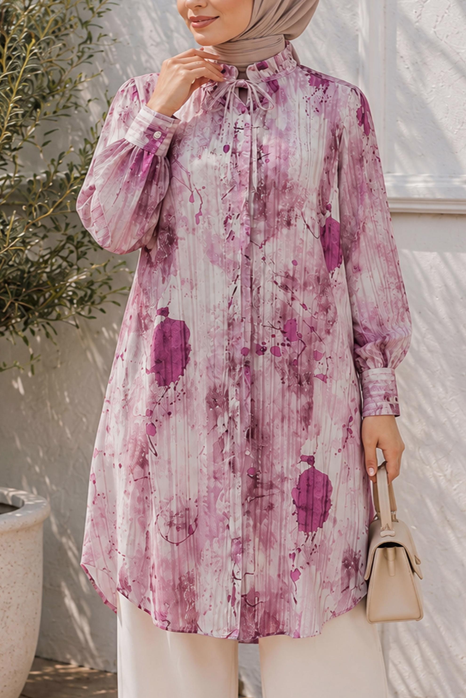 Hijab clothing PINK PATTERNED SATIN TUNIC 20967