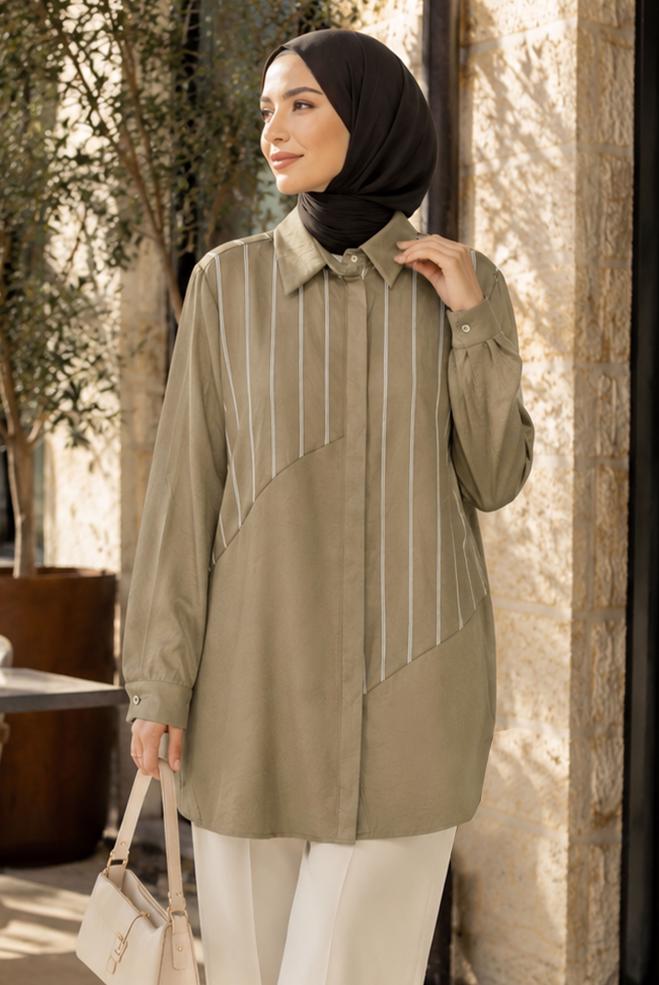 Hijab clothing BEIGE PLUS SIZE SHIRT COLLAR TUNIC 20969 - ALVİNA