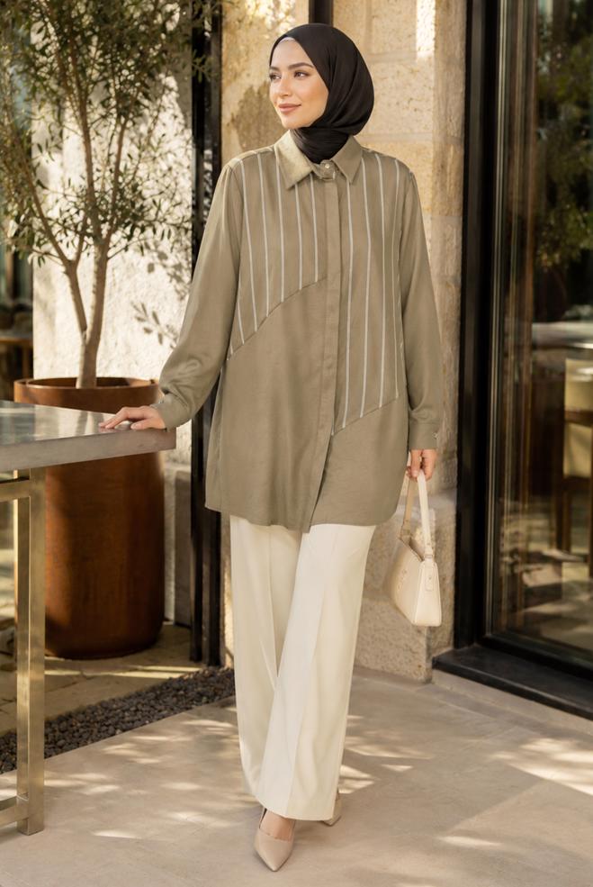 Hijab clothing BEIGE PLUS SIZE SHIRT COLLAR TUNIC 20969 - ALVİNA