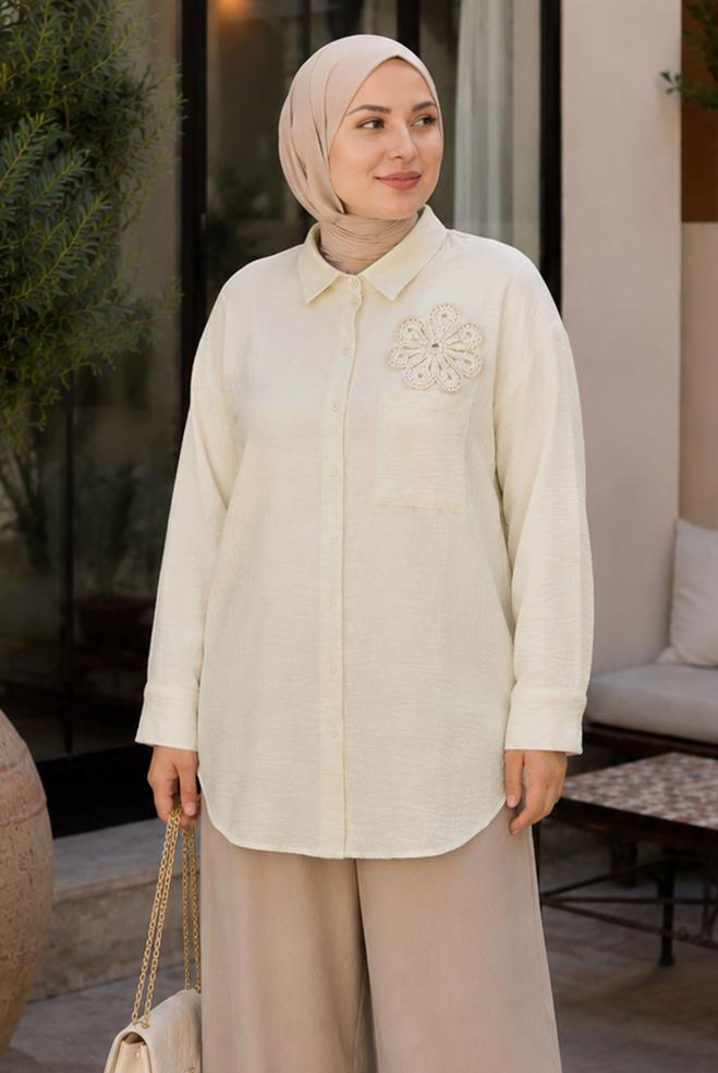 Hijab clothing BEIGE PLUS SIZE MUSLIN TUNIC 20971 - ALVİNA