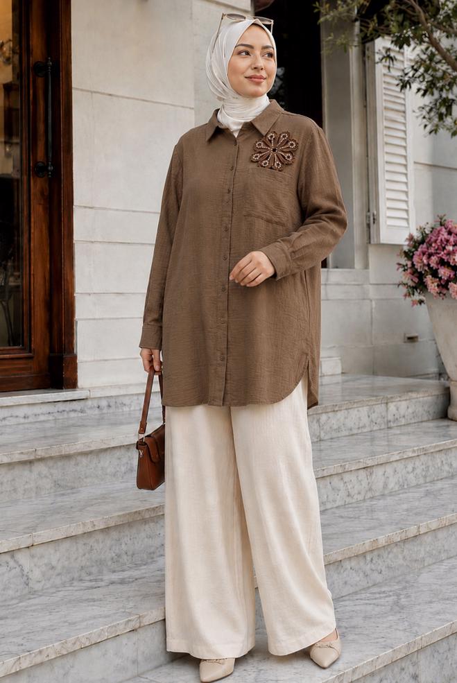 Hijab clothing BROWN PLUS SIZE MUSLIN TUNIC 20971 - ALVİNA