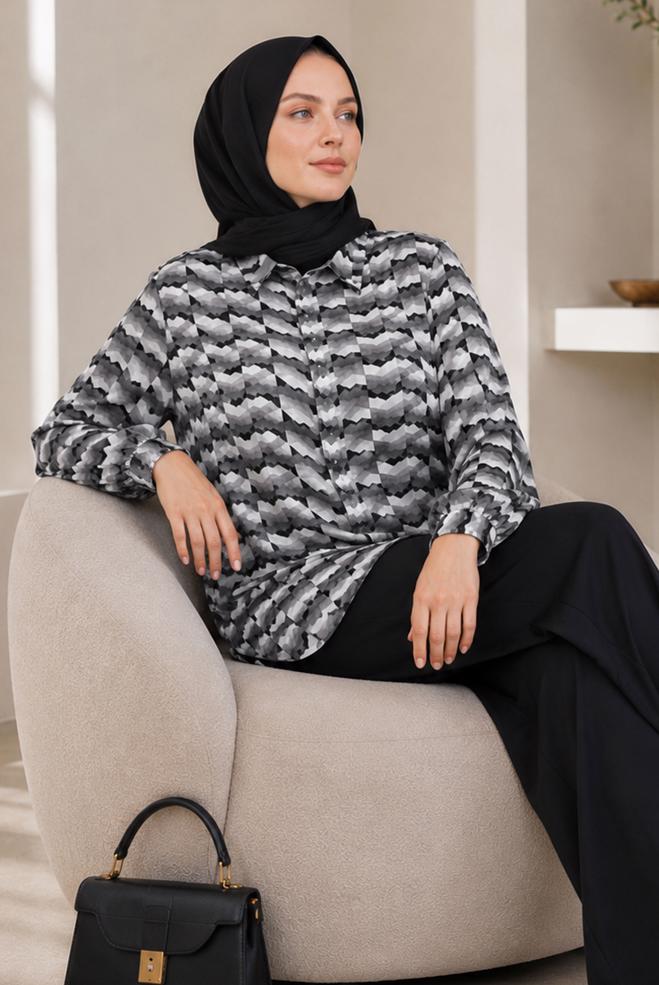 Tesettür giyim SİYAH DESENLİ SATEN TUNİK 20972 - ALVİNA
