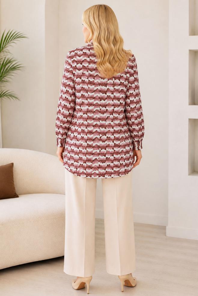 Vêtements hijab BRUN TUNIQUE EN SATIN À MOTIFS 20972 - ALVİNA
