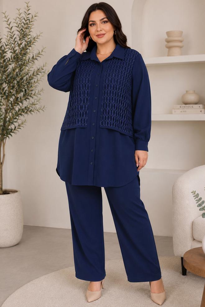Hijab clothing NAVY BLUE PLUS SIZE SHIRT COLLAR TUNIC 20976 - ALVİNA