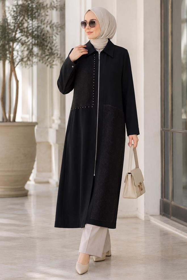 Vêtements hijab NOIR TUNIQUE EN CRÊPE GRANDE TAILLE 21006 - ALVİNA
