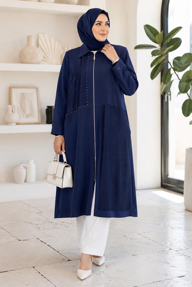 Vêtements hijab BLEU MARINE TUNIQUE EN CRÊPE GRANDE TAILLE 21006 - ALVİNA