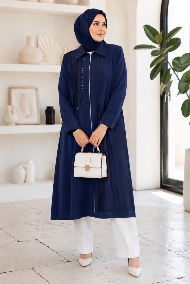 Vêtements hijab BLEU MARINE TUNIQUE EN CRÊPE GRANDE TAILLE 21006 - ALVİNA