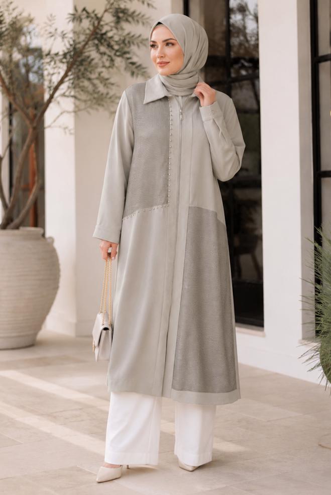 Vêtements hijab BEIGE TUNIQUE EN CRÊPE GRANDE TAILLE 21006 - ALVİNA