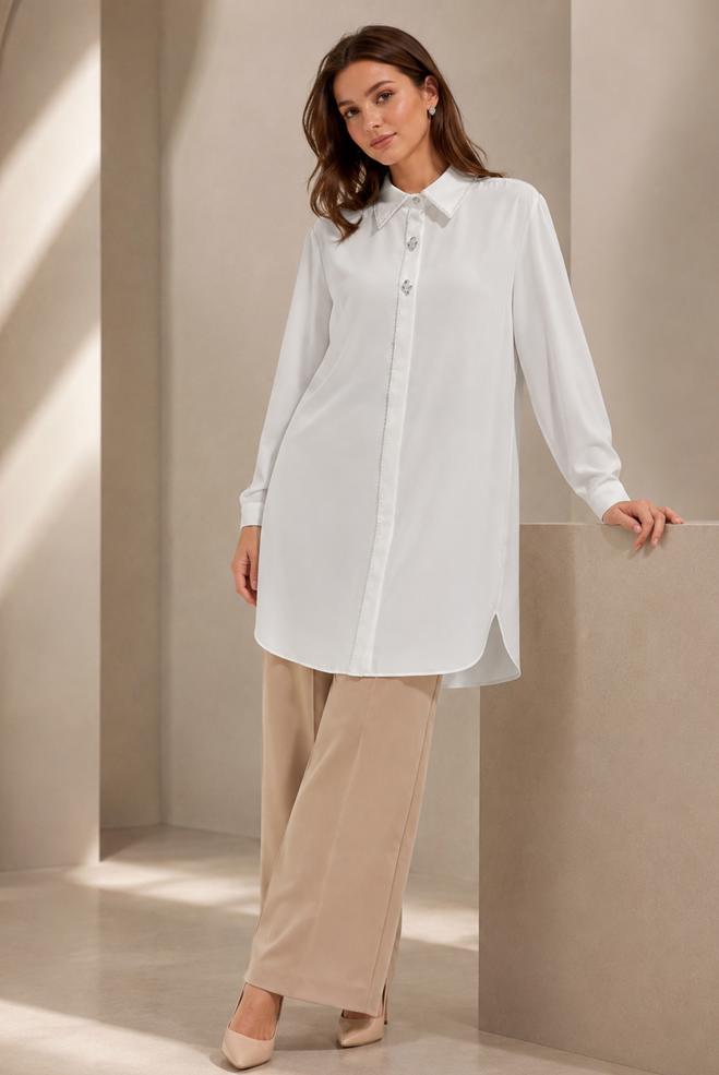 Hijab clothing WHITE BEAD AND GEM EMBROIDERED TUNIC 21032 - ALVİNA