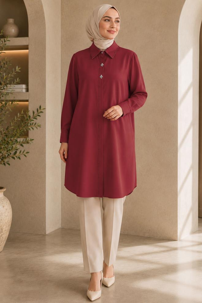Hijab clothing RED BEAD AND GEM EMBROIDERED TUNIC 21032 - ALVİNA