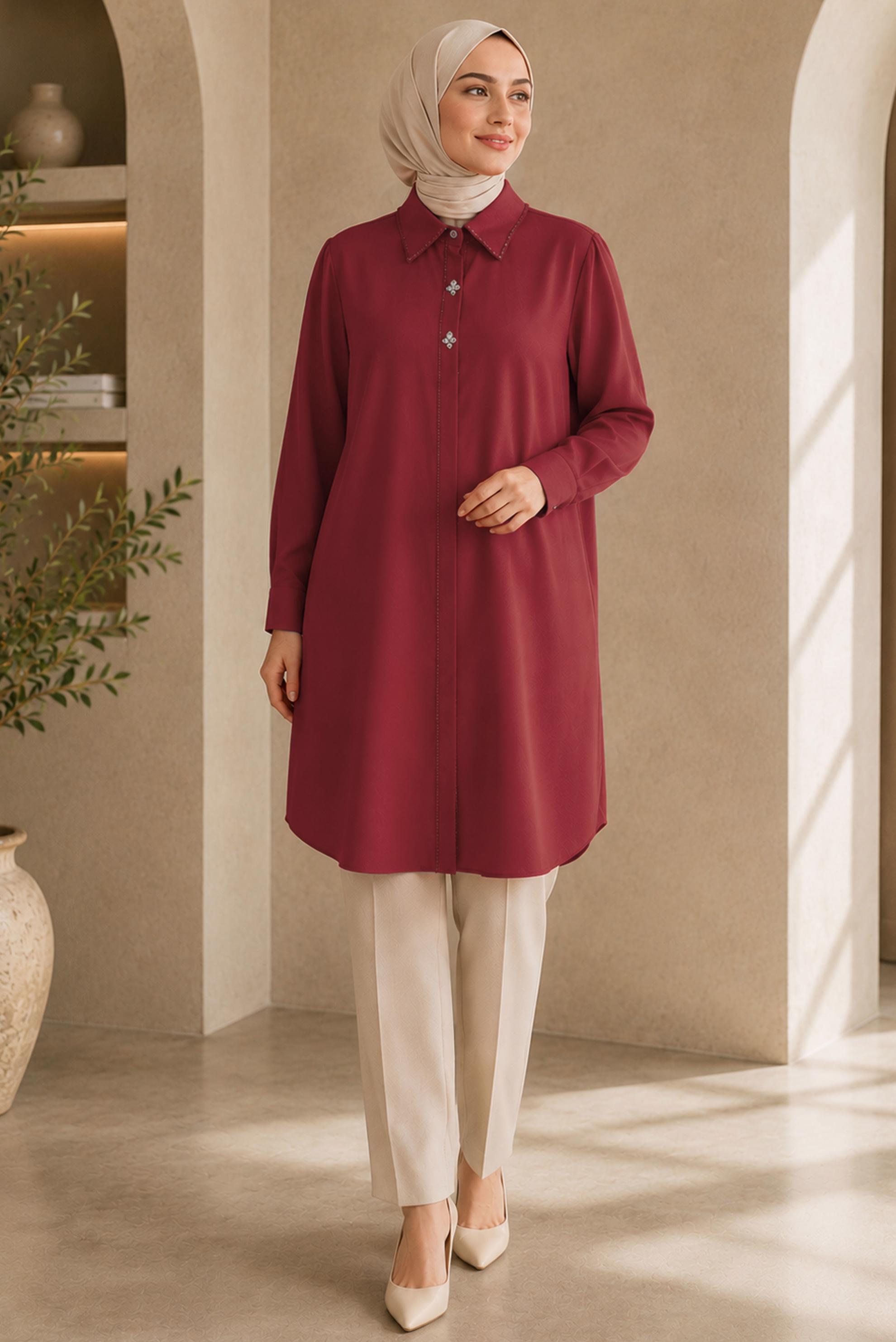 Hijab clothing RED BEAD AND GEM EMBROIDERED TUNIC 21032