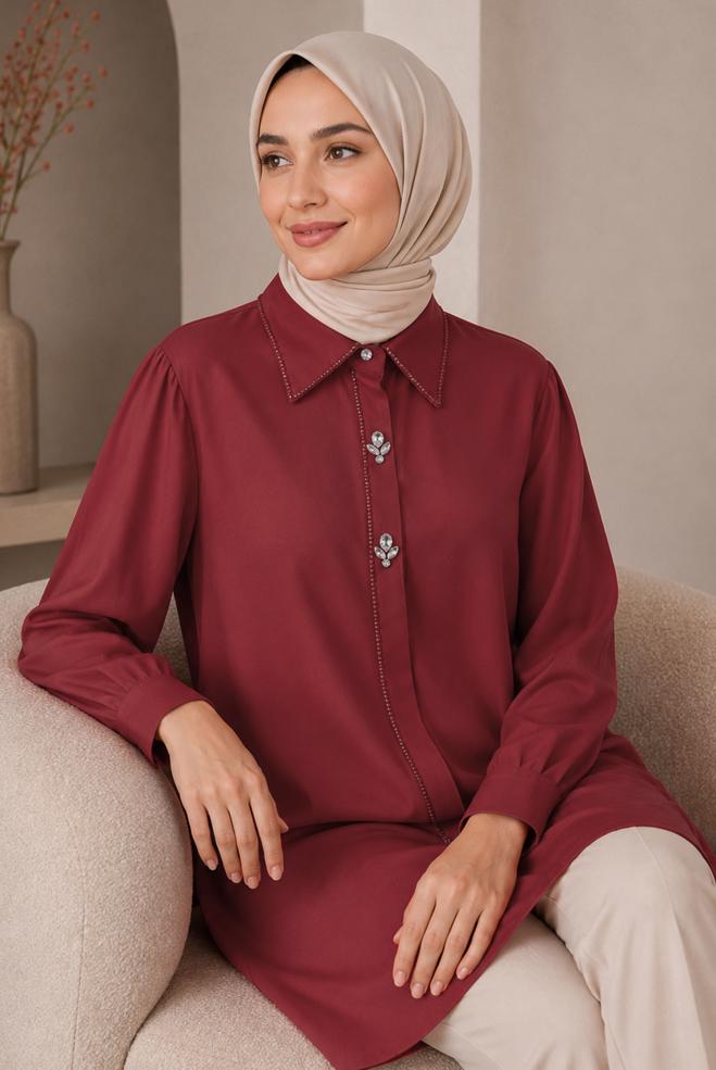 Hijab clothing RED BEAD AND GEM EMBROIDERED TUNIC 21032 - ALVİNA