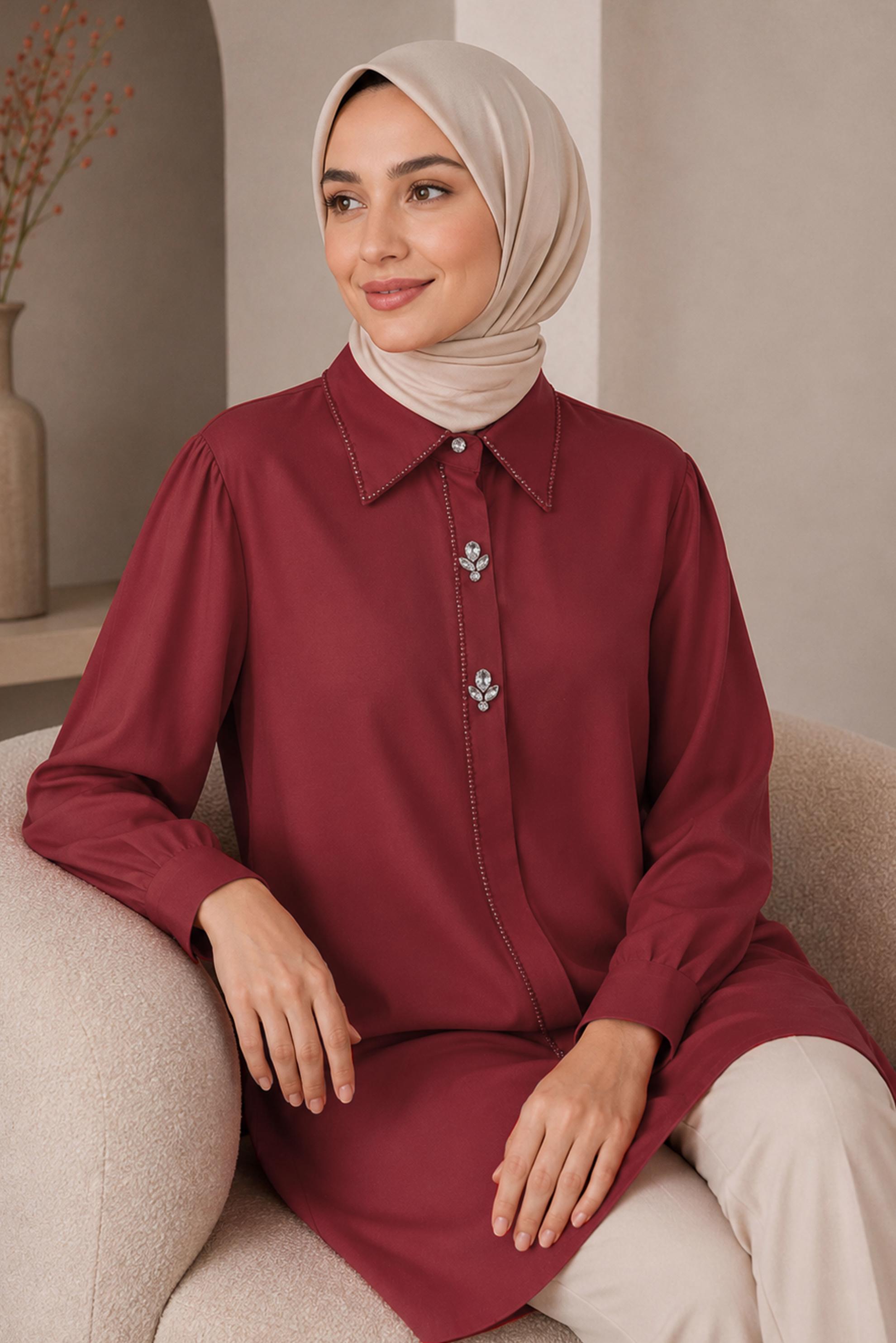 Hijab clothing RED BEAD AND GEM EMBROIDERED TUNIC 21032