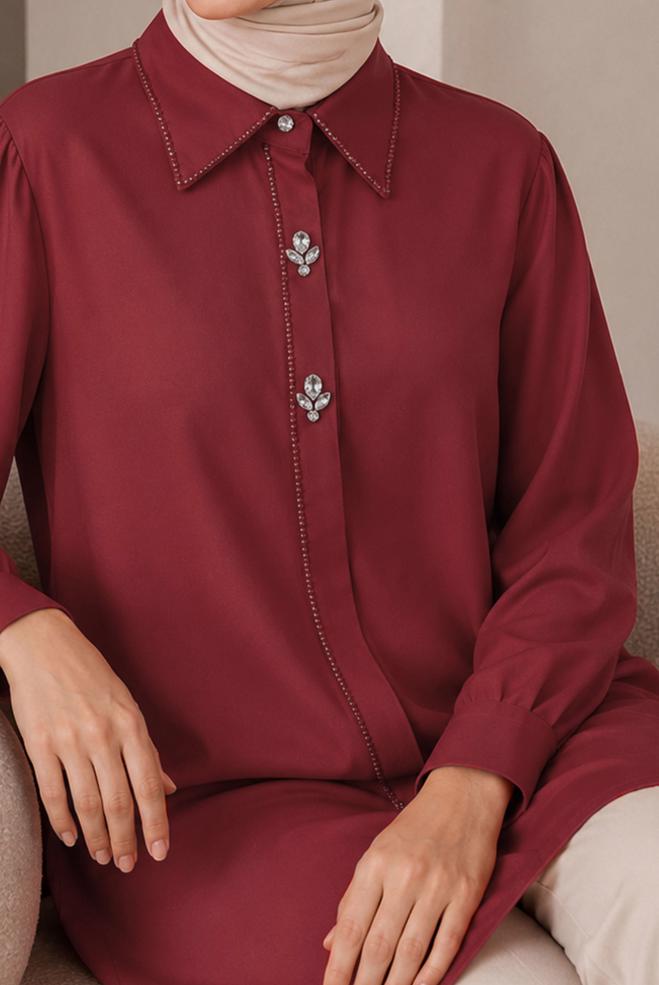 Hijab clothing RED BEAD AND GEM EMBROIDERED TUNIC 21032 - ALVİNA