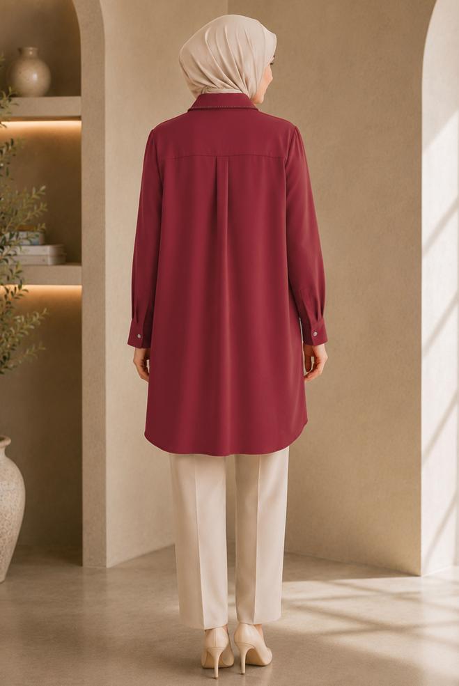Hijab clothing RED BEAD AND GEM EMBROIDERED TUNIC 21032 - ALVİNA