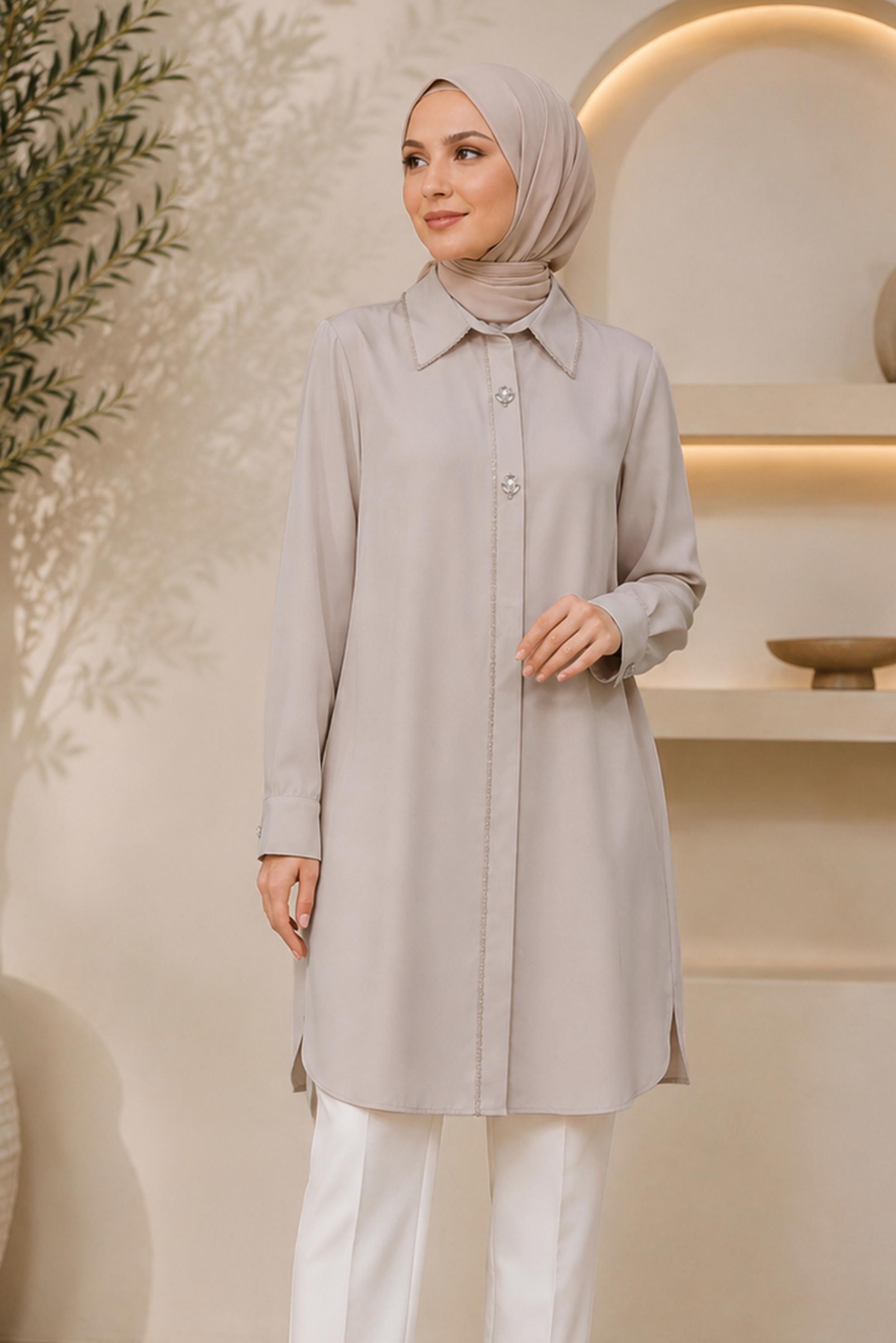 Hijab clothing BEIGE BEAD AND GEM EMBROIDERED TUNIC 21032