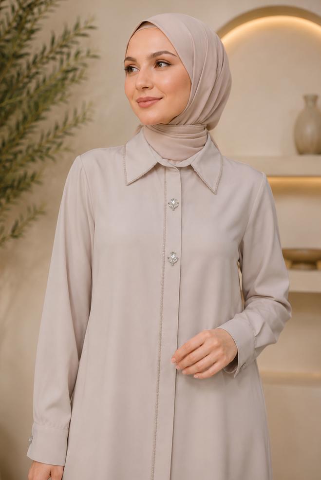 Hijab clothing BEIGE BEAD AND GEM EMBROIDERED TUNIC 21032 - ALVİNA