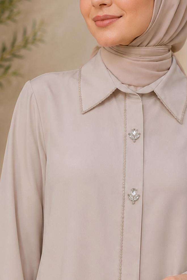 Hijab clothing BEIGE BEAD AND GEM EMBROIDERED TUNIC 21032 - ALVİNA