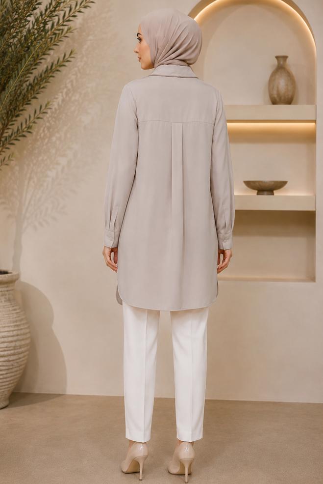 Hijab clothing BEIGE BEAD AND GEM EMBROIDERED TUNIC 21032 - ALVİNA