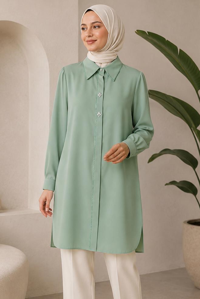 Hijab clothing GREEN BEAD AND GEM EMBROIDERED TUNIC 21032 - ALVİNA