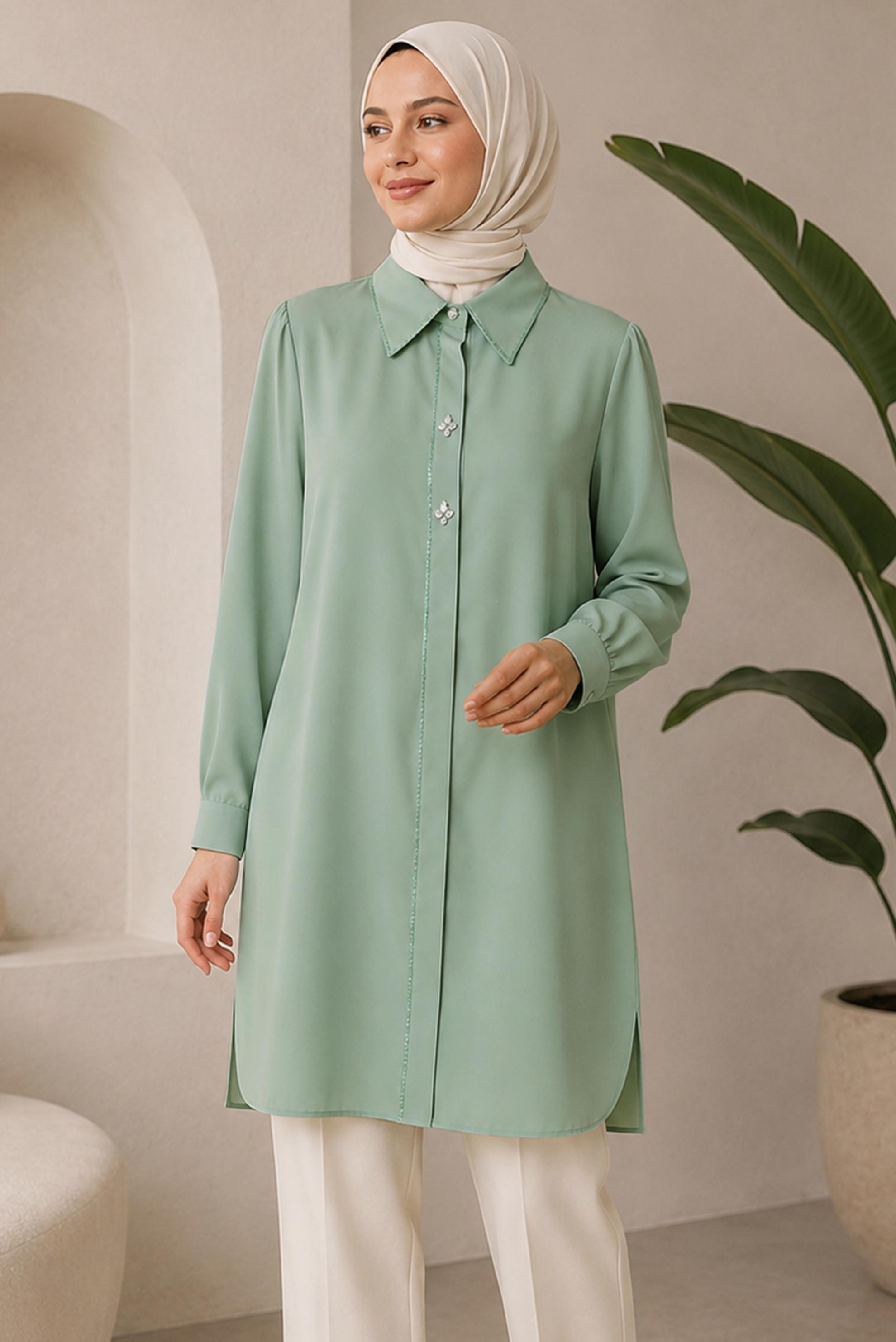 Hijab clothing GREEN BEAD AND GEM EMBROIDERED TUNIC 21032