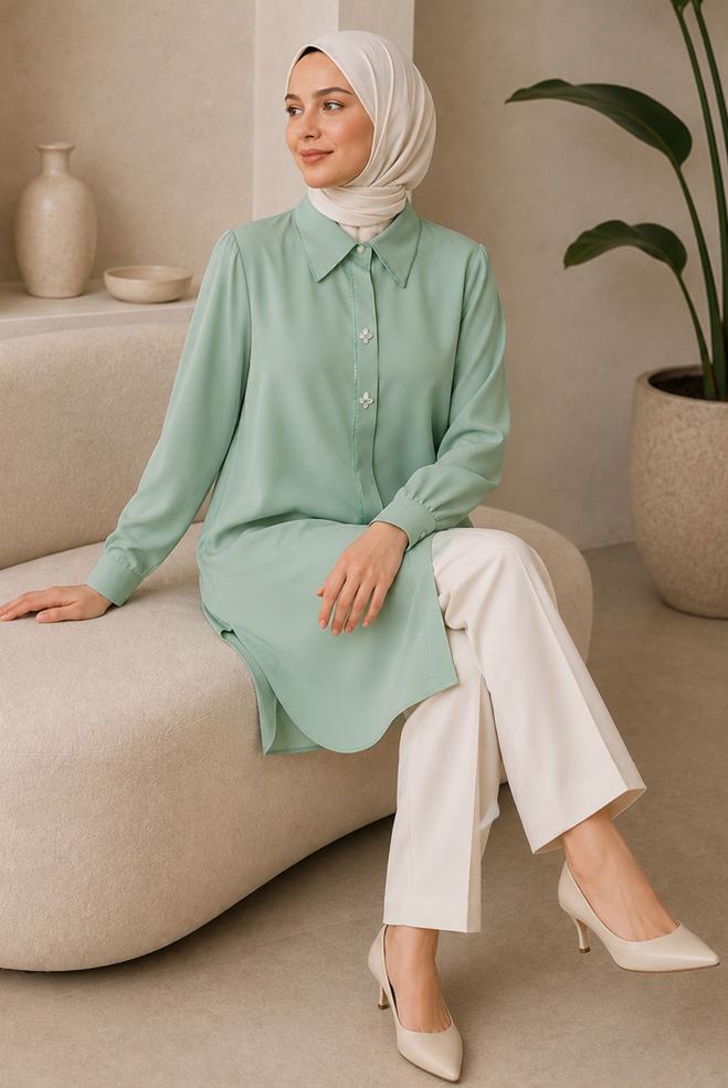 Hijab clothing GREEN BEAD AND GEM EMBROIDERED TUNIC 21032 - ALVİNA
