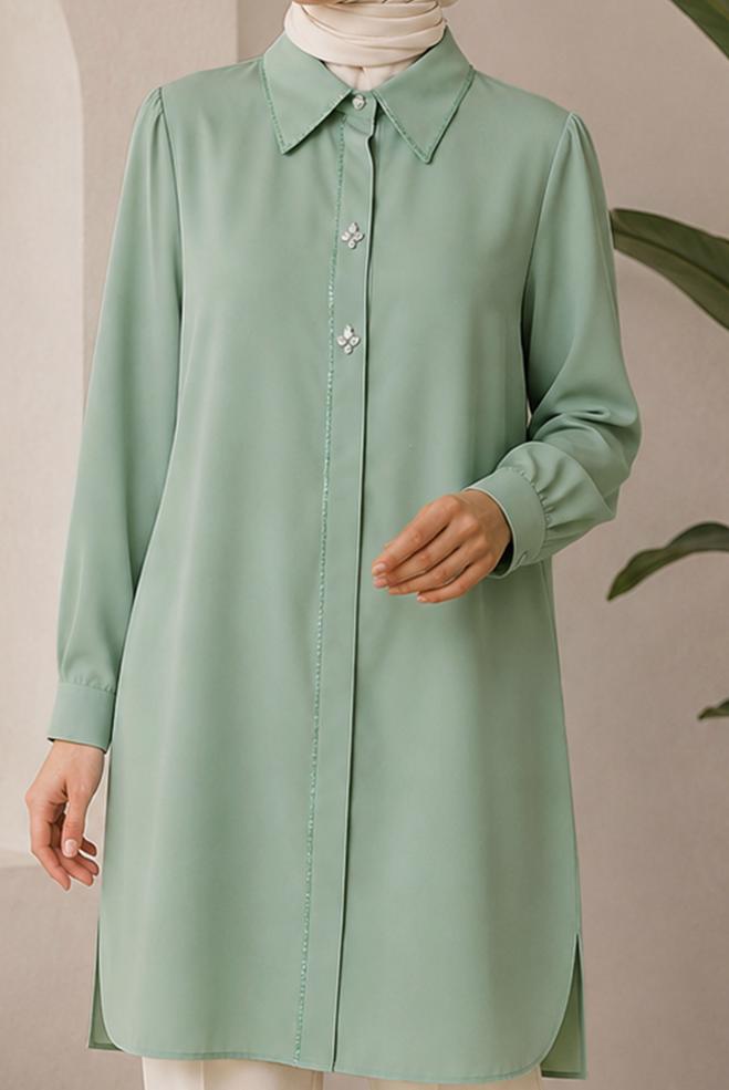 Hijab clothing GREEN BEAD AND GEM EMBROIDERED TUNIC 21032 - ALVİNA