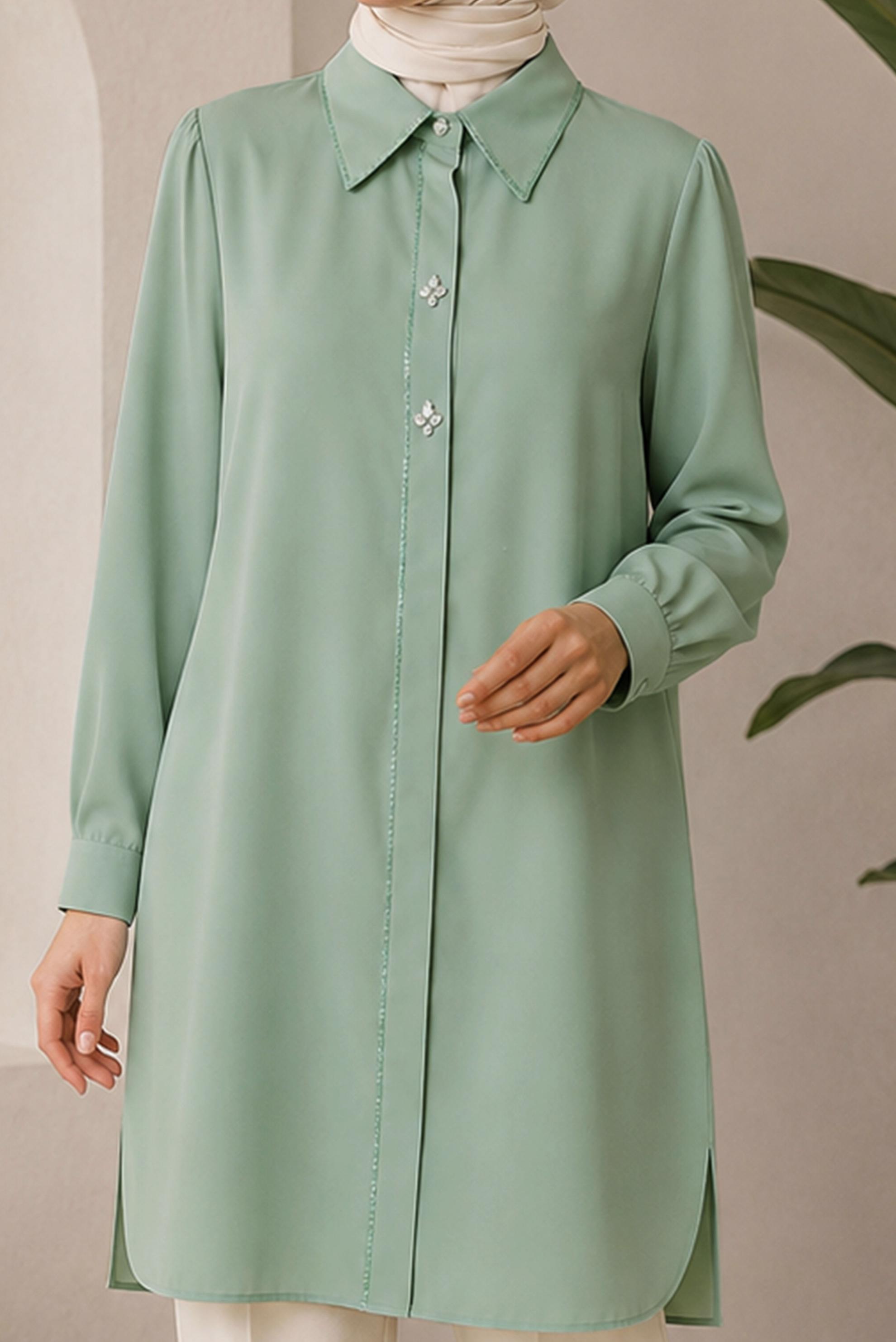 Hijab clothing GREEN BEAD AND GEM EMBROIDERED TUNIC 21032