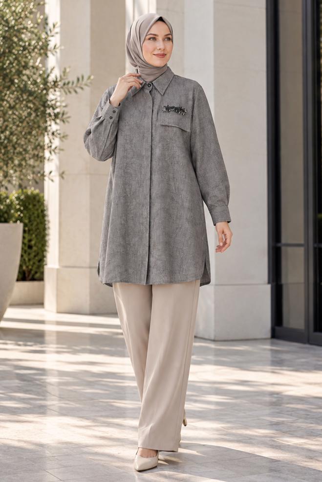 Hijab clothing GREY SHIRT COLLAR JACQUARD TUNIC 21038 - ALVİNA