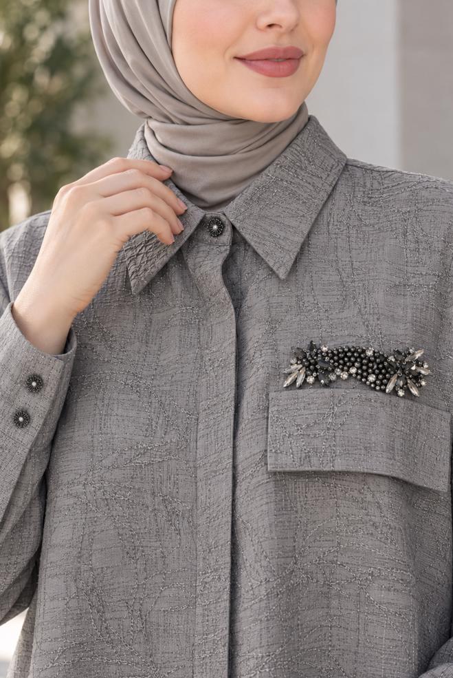 Hijab clothing GREY SHIRT COLLAR JACQUARD TUNIC 21038 - ALVİNA