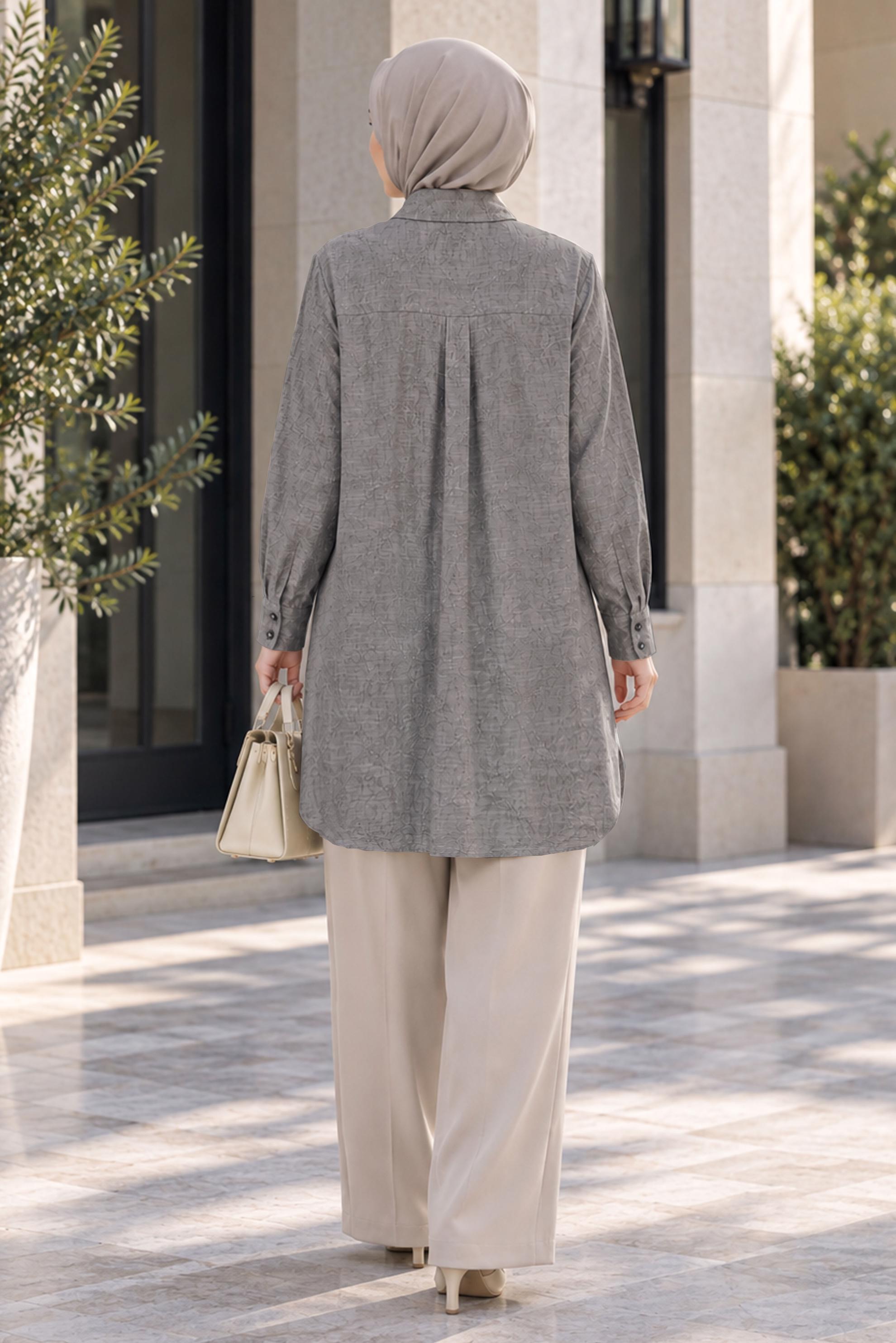 Hijab clothing GREY SHIRT COLLAR JACQUARD TUNIC 21038