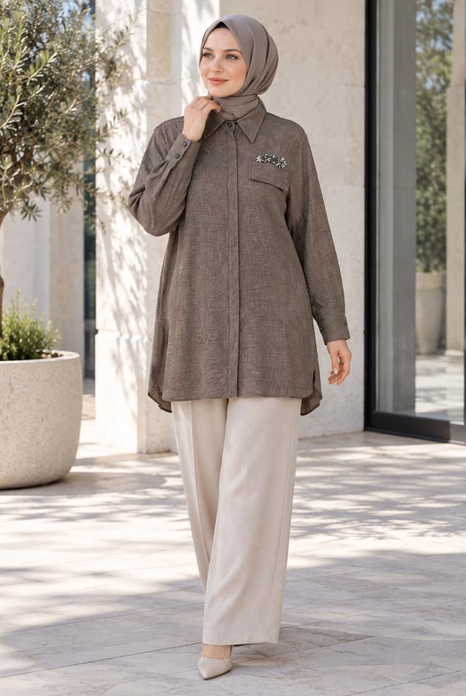 Hijab clothing BROWN SHIRT COLLAR JACQUARD TUNIC 21038 - ALVİNA