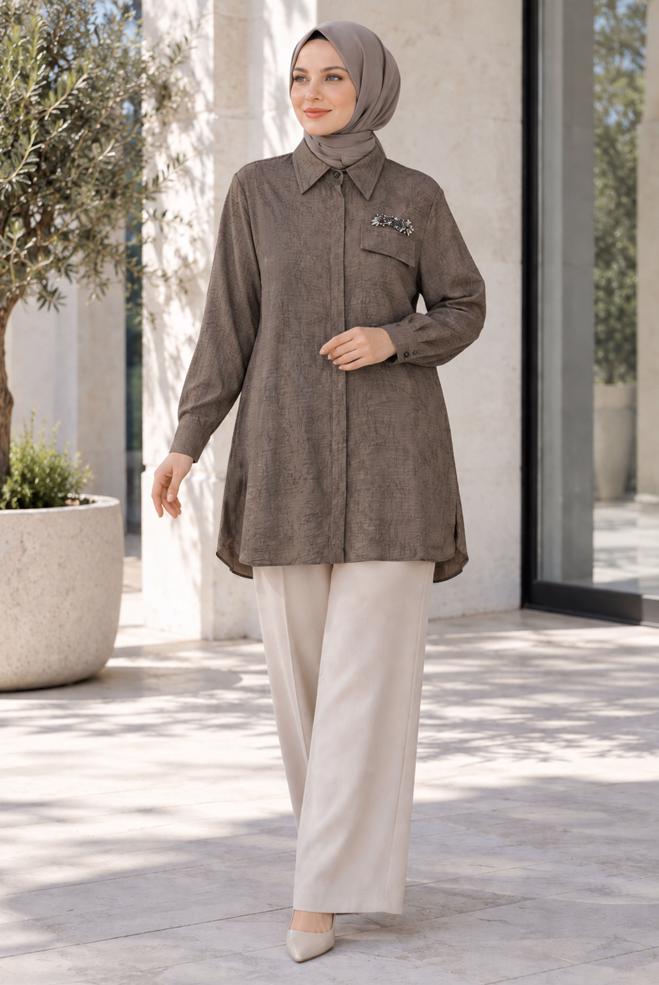 Hijab clothing BROWN SHIRT COLLAR JACQUARD TUNIC 21038 - ALVİNA