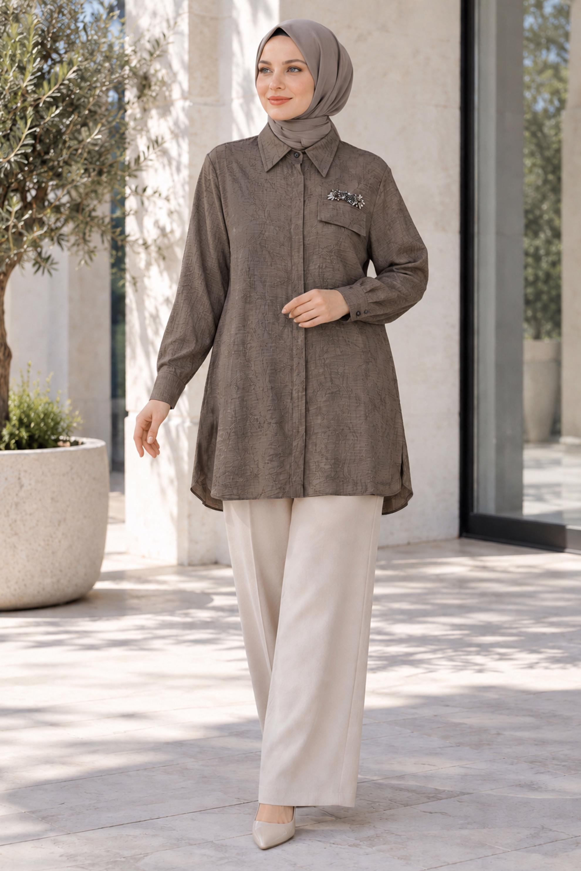 Hijab clothing BROWN SHIRT COLLAR JACQUARD TUNIC 21038