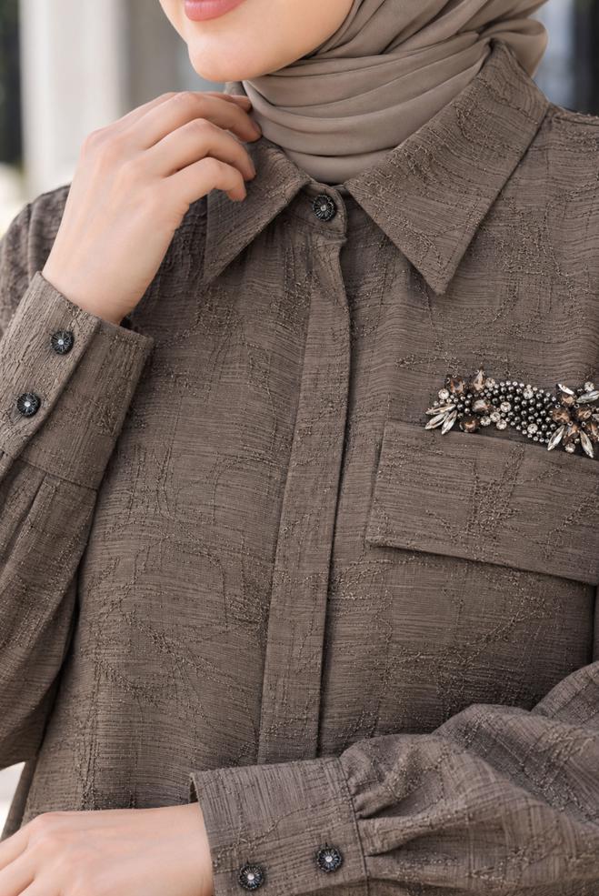 Hijab clothing BROWN SHIRT COLLAR JACQUARD TUNIC 21038 - ALVİNA