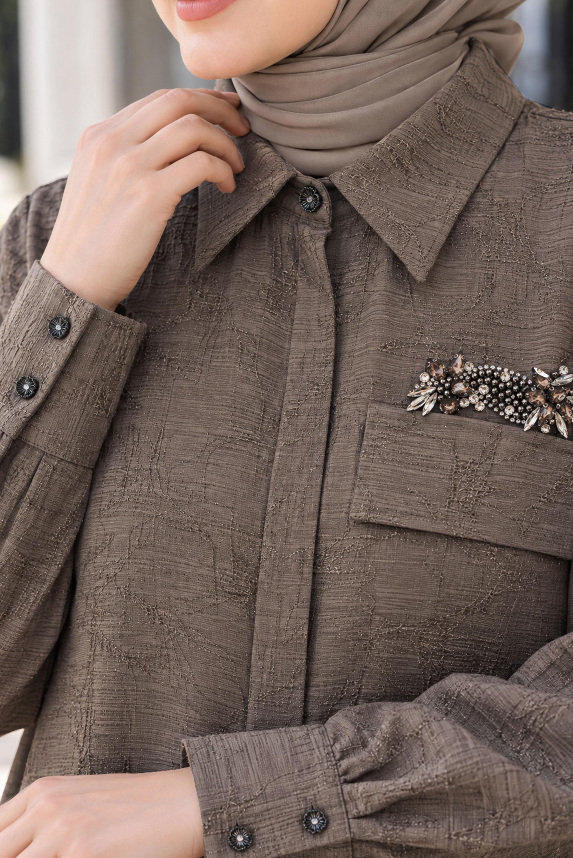 Hijab clothing BROWN SHIRT COLLAR JACQUARD TUNIC 21038