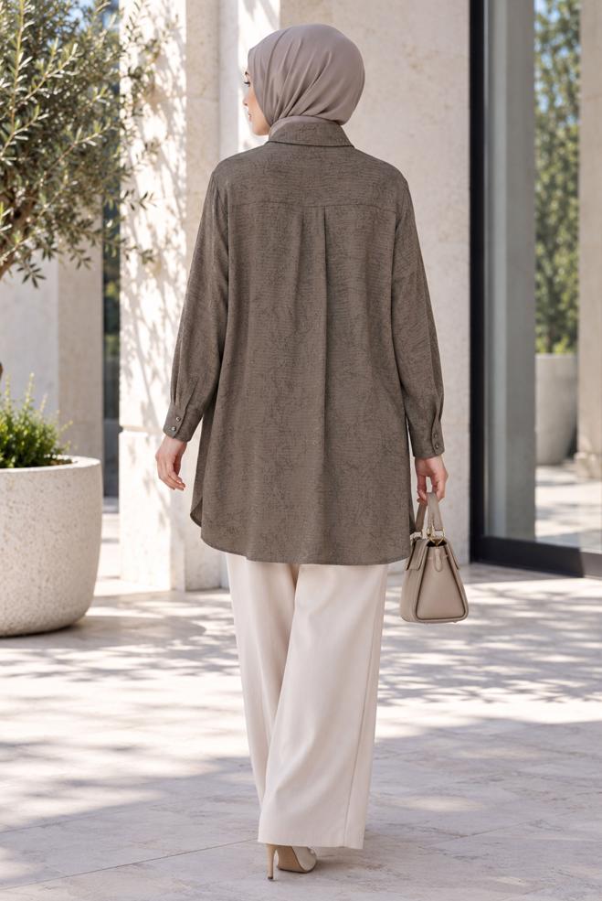 Hijab clothing BROWN SHIRT COLLAR JACQUARD TUNIC 21038 - ALVİNA