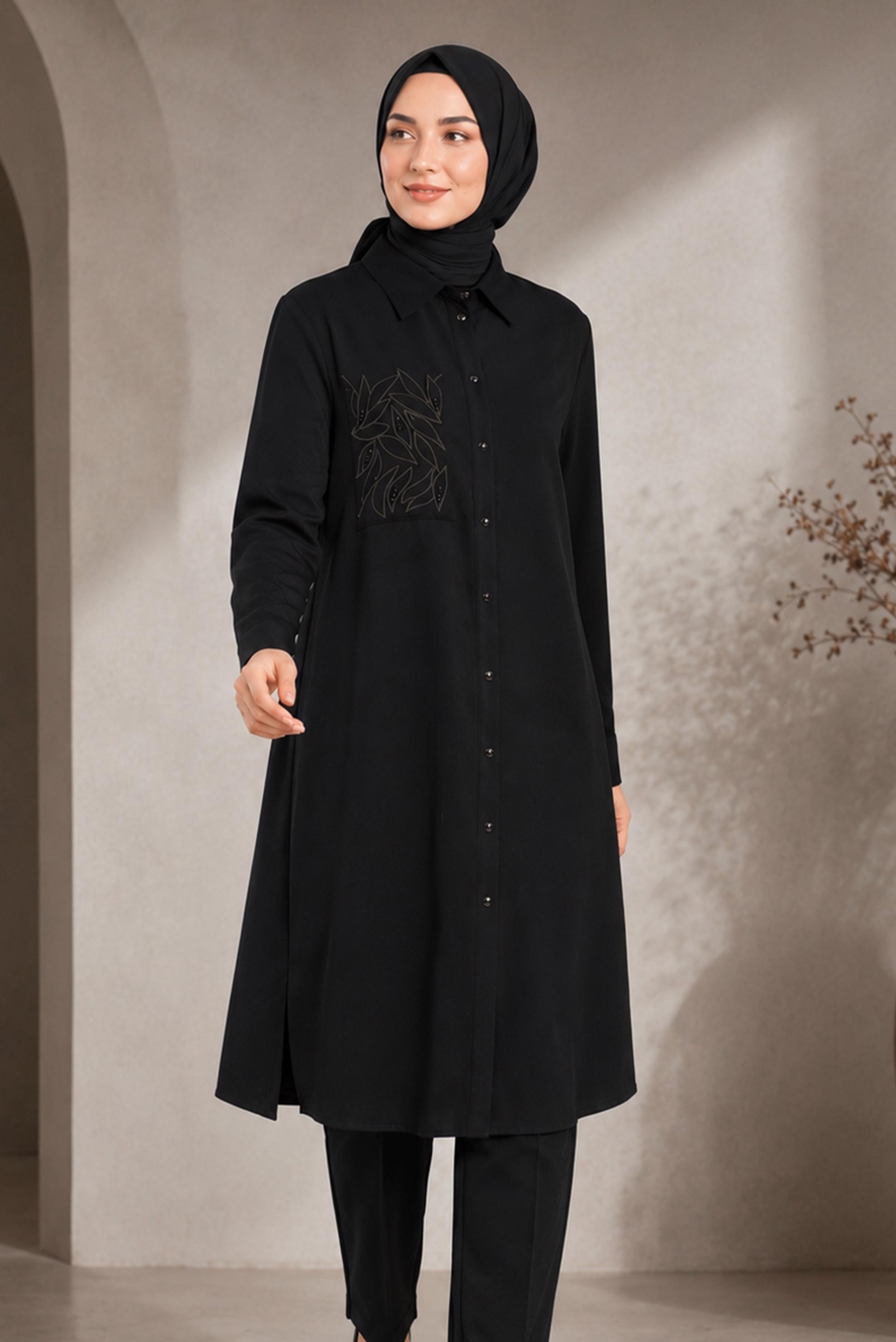 Hijab clothing BLACK SHIRT COLLAR EMBROIDERED TUNIC 21039