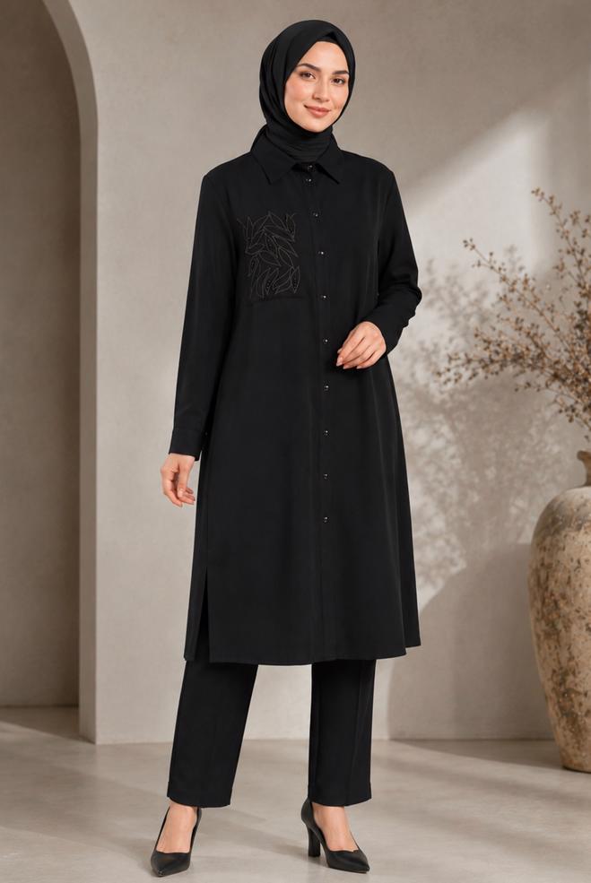 Hijab clothing BLACK SHIRT COLLAR EMBROIDERED TUNIC 21039 - ALVİNA